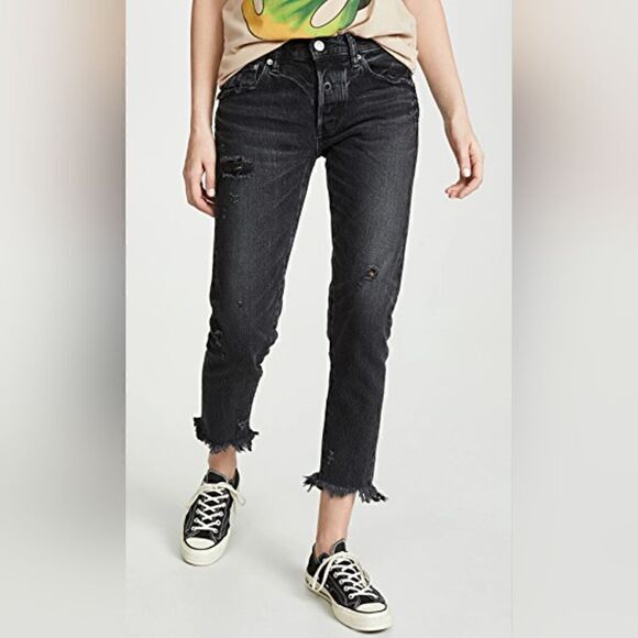Moussy Vintage MV Kelley Distressed Tapered Jeans In Black Size 24 NWT - Picture 1 of 10